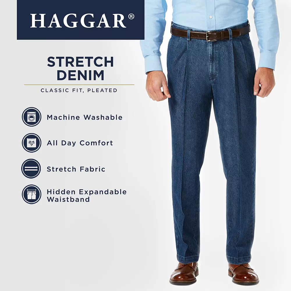 Men's Haggar® Classic-Fit Stretch Expandable-Waist Pleated Jeans 5 Men's Haggar® Classic-Fit Stretch Expandable-Waist Pleated Jeans - Image 3
